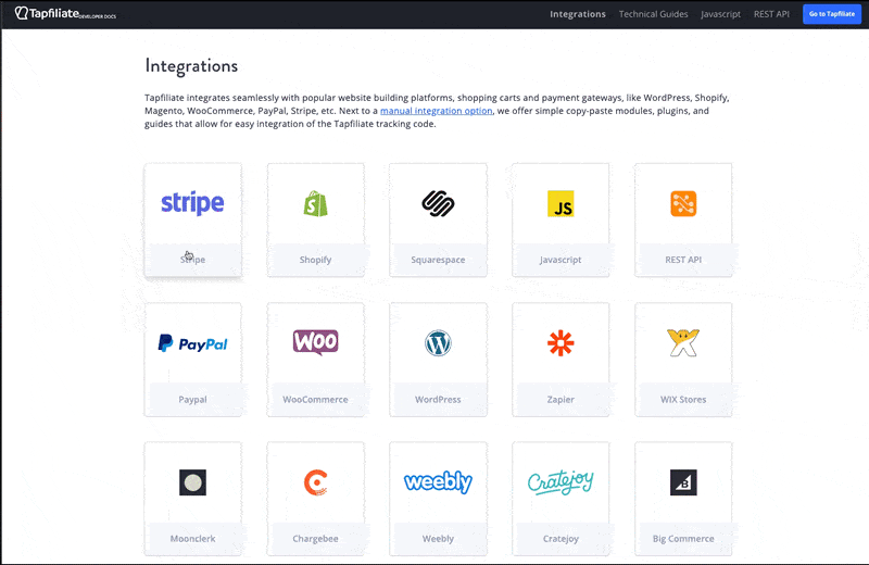 Example of some of the integrations we have available on Tapfiliate.