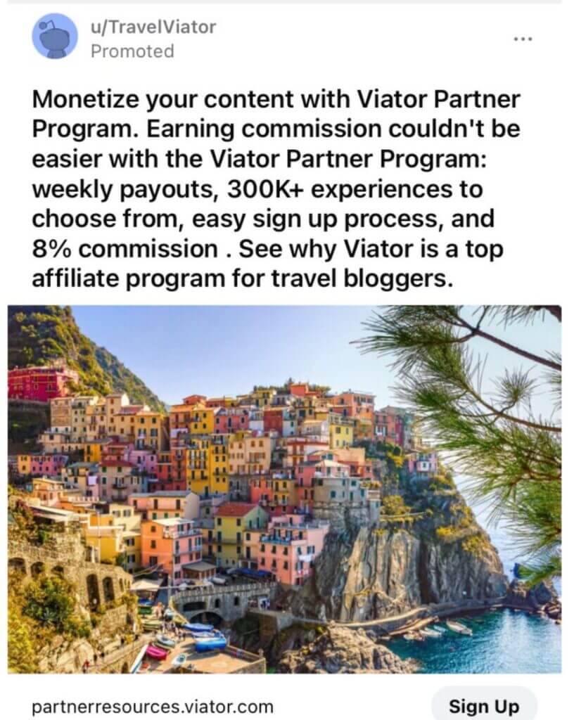 Viator affiliate program ad on Reddit