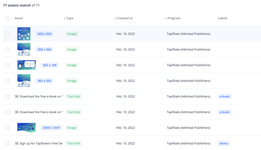 A variety of assets in the Tapfiliate affiliate program