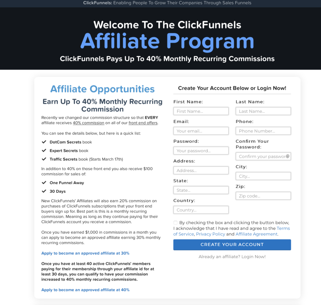 Example of the Clickfunnels affiliate signup page