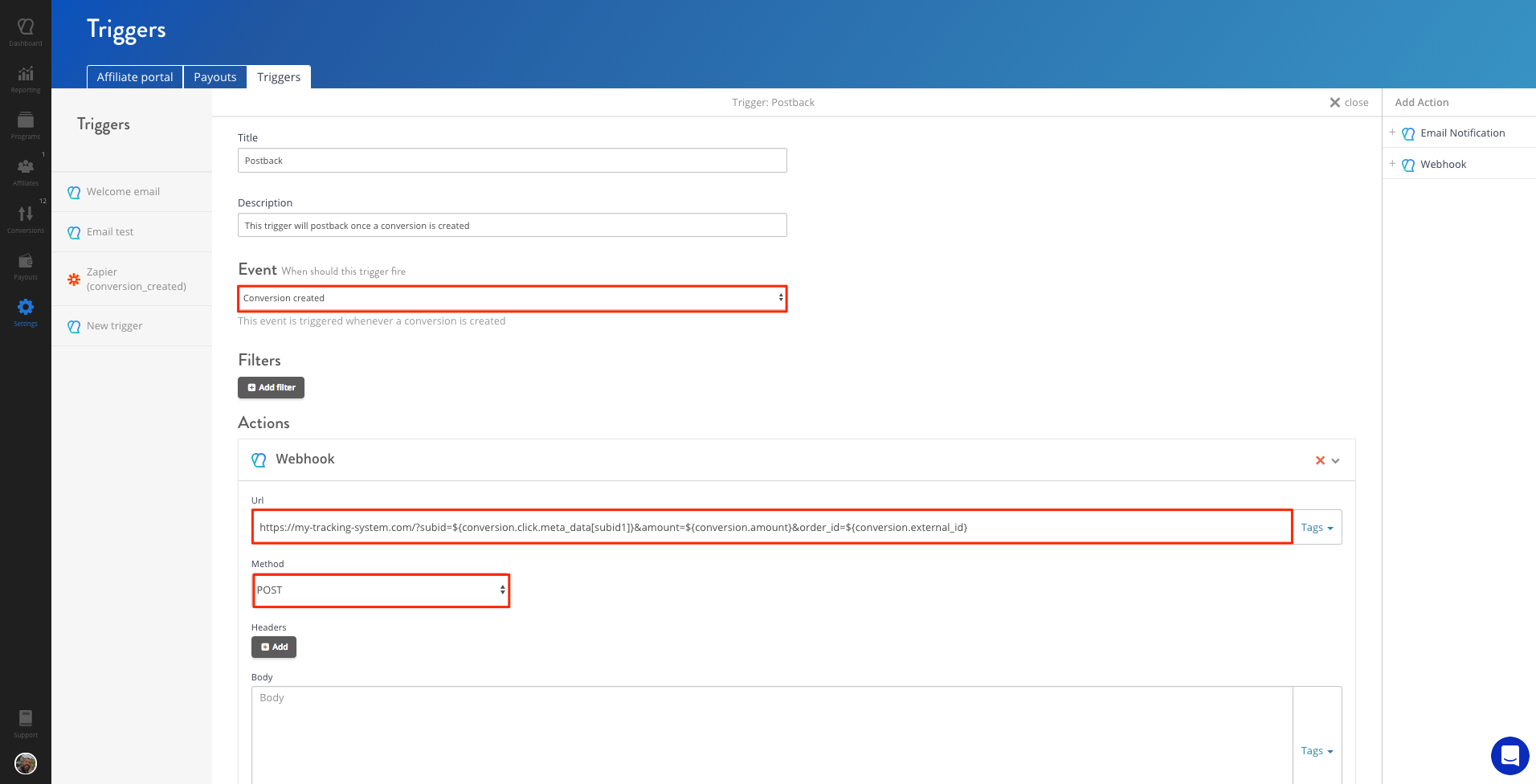 Configuring Affiliate Trigger