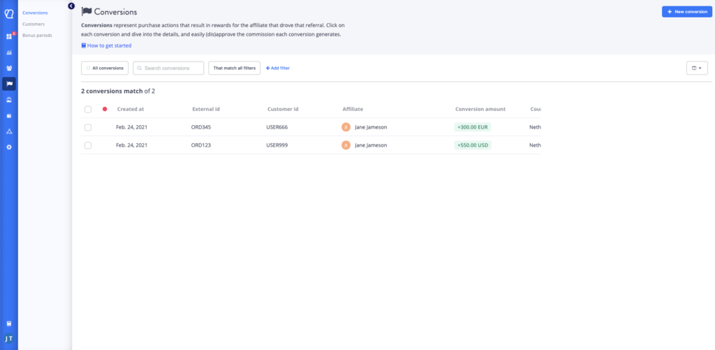 Tapfiliate conversions view in reporting