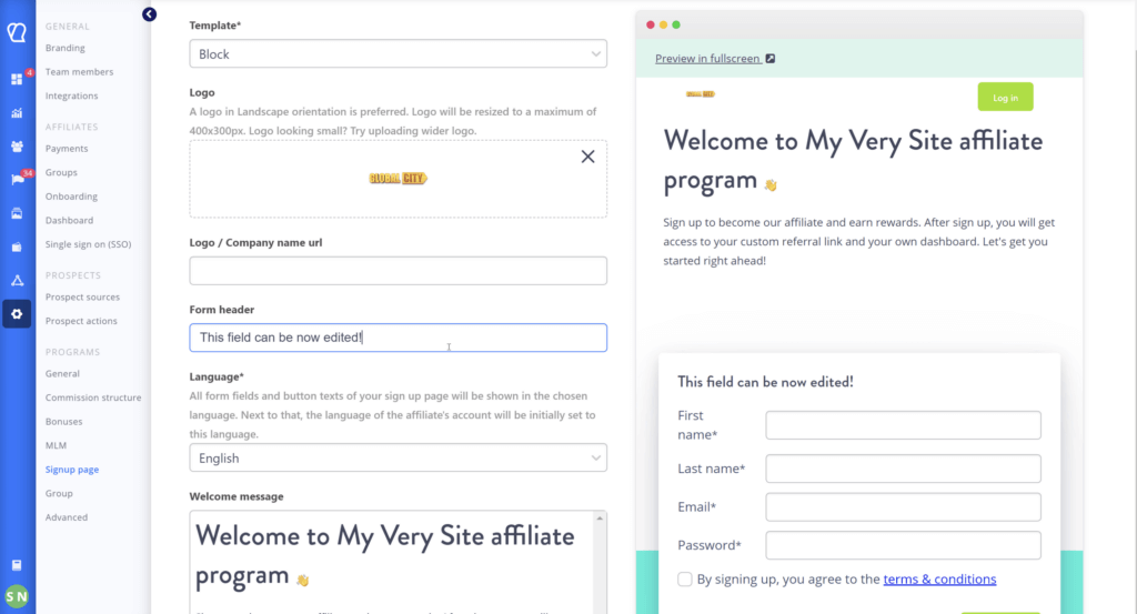 Screenshot of where you can change the language of your affiliate program.