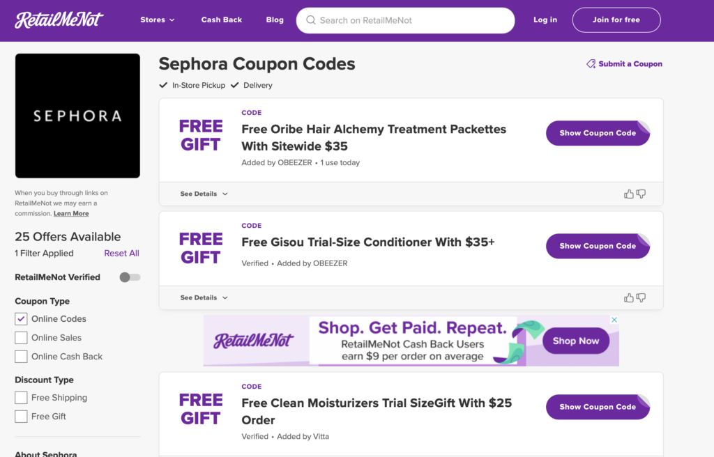 Retailmenot - Coupon and deal site affiliate examples