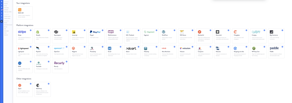 Tapfiliate integrations section in settings