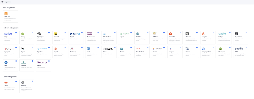 list of integrations available with Tapfiliate