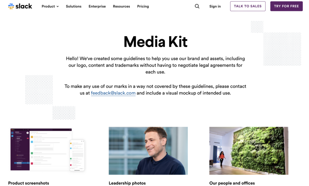 Screenshot of Slack's media kit