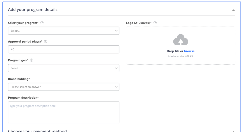 Signup form for connecting to Admitad