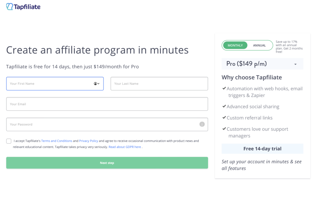 Tapfiliate signup page