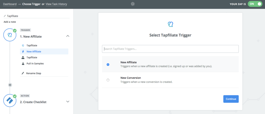 example of triggers screen in Tapfiliate and Zapier