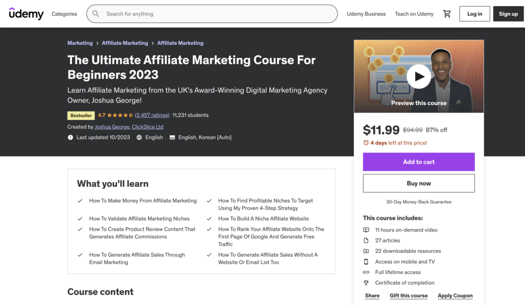 The Ultimate Affiliate Marketing Course For Beginners 2023 course page on Udemy