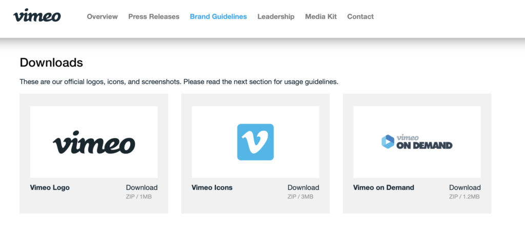 Vimeo's brand guideline page including logos